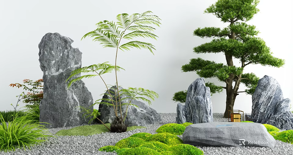 Natural Courtyard Garden with Large Rocks Green Ferns Pine Tree and Mossy Gravel 3d model 