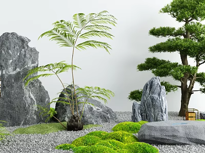 Natural Courtyard Garden with Large Rocks Green Ferns Pine Tree and Mossy Gravel 3d model