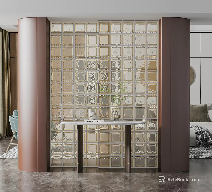Modern Glass Brick Wall In Interior Space With Brown Columns And Decorative Table 3d model 