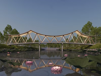 Scenic Landscape Bridge with Wooden Arch Structure Over Pond and Lotus Flowers Reflection 3d model