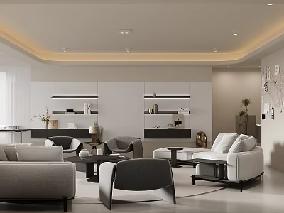 Modern Living Room Interior With Open Layout Gray Sofa White Walls Bookshelves And Green Plants 3d model