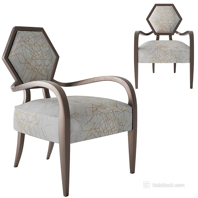 Modern Accent Chair With Curved Wooden Armrests And Gold Cracked Pattern Fabric 3d model 