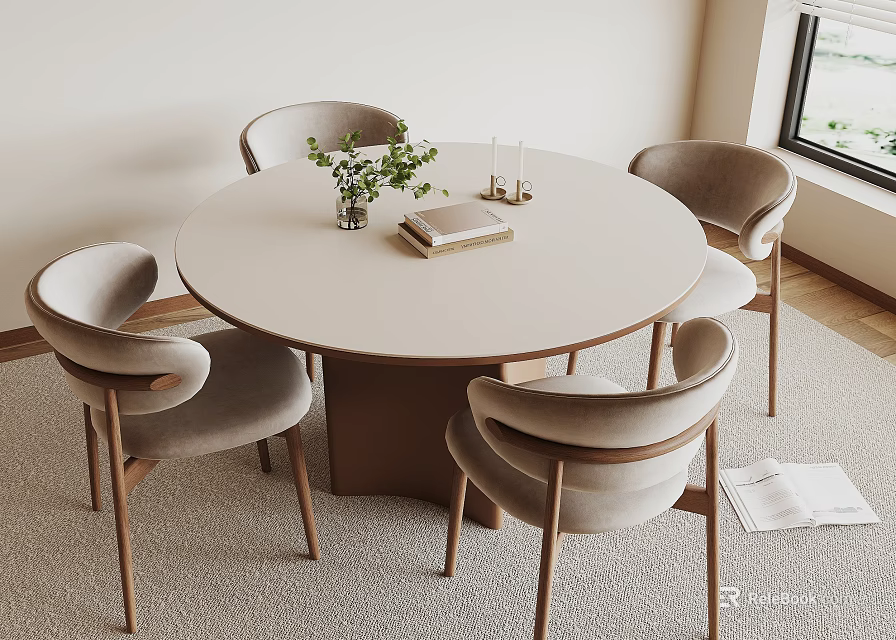 Modern Round Dining Table with Light Gray Chairs Wooden Legs Green Plant Book and Candles 3d model 