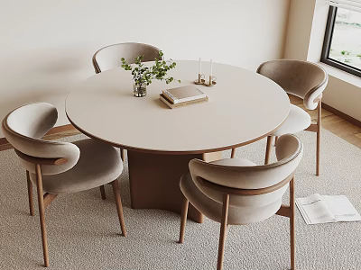 Modern Round Dining Table with Light Gray Chairs Wooden Legs Green Plant Book and Candles 3d model