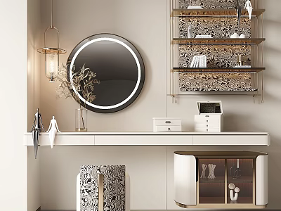 Modern Luxury Wall Mounted Dressing Table With Round LED Mirror And Stylish Home Decor 3d model