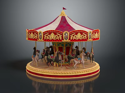 Vintage Carousel with Red White Canopy And Golden Decorated Wooden Horses 3d model