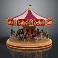 Vintage Carousel with Red White Canopy And Golden Decorated Wooden Horses