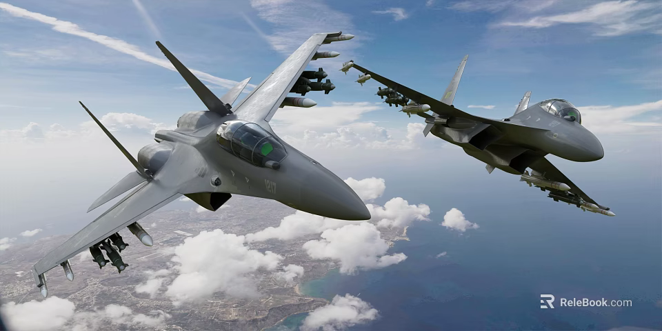 Two fighter jets flying in blue sky with white clouds and coastal ocean view below 3d model 