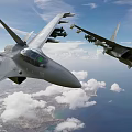 Two fighter jets flying in blue sky with white clouds and coastal ocean view below
