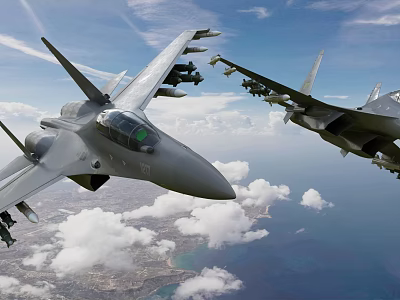 Two fighter jets flying in blue sky with white clouds and coastal ocean view below 3d model