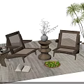 Comfortable Wooden Leisure Chairs With Side Table Vase Potted Plant And Fruit Bowl