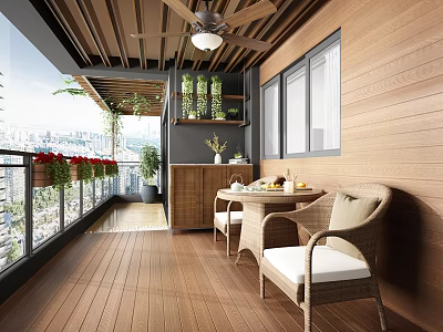 Home Balcony With Wooden Flooring Rattan Furniture Dining Table Ceiling Fan Green Plants And City View 3d model