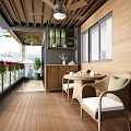 Home Balcony With Wooden Flooring Rattan Furniture Dining Table Ceiling Fan Green Plants And City View