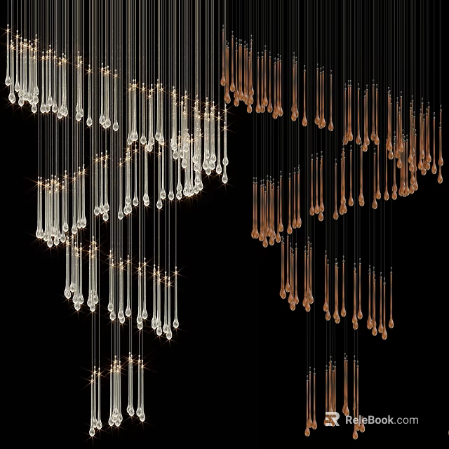 Modern Chandelier Design With Hanging Glass Elements In White And Amber Tones 3d model 