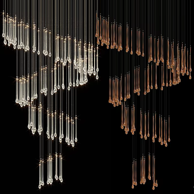 Modern Chandelier Design With Hanging Glass Elements In White And Amber Tones 3d model