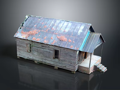Old Wooden House Architecture With Rusted Roof Fallen Leaves And Porch Steps 3d model