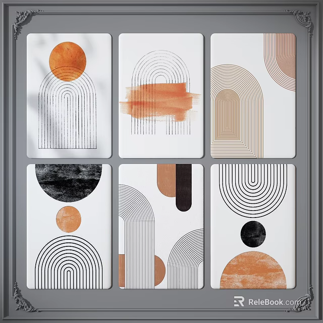 Modern Geometric Square Rug Featuring Circular Linear Patterns In Orange Black And Neutral Tones 3d model