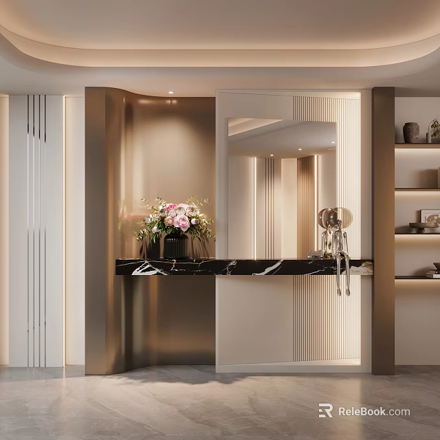 Modern Elegant Entryway Hallway Interior Design With Marble Counter Mirror Flower Arrangement And Shelves 3d model 