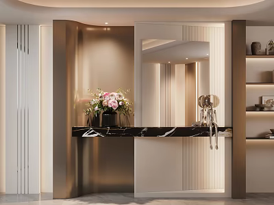 Modern Elegant Entryway Hallway Interior Design With Marble Counter Mirror Flower Arrangement And Shelves 3d model
