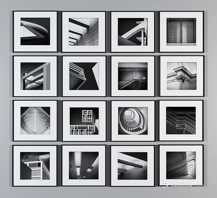 Black and White Architectural Landscape Photos in Framed Collection with Geometric Structures 3d model 