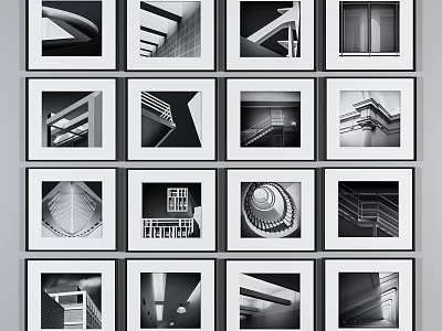 Black and White Architectural Landscape Photos in Framed Collection with Geometric Structures 3d model