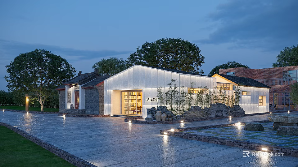 Boutique Guesthouse Architecture Featuring Modern Traditional Blend White Facade Gray Bricks Courtyard And Trees Lighting 3d model 