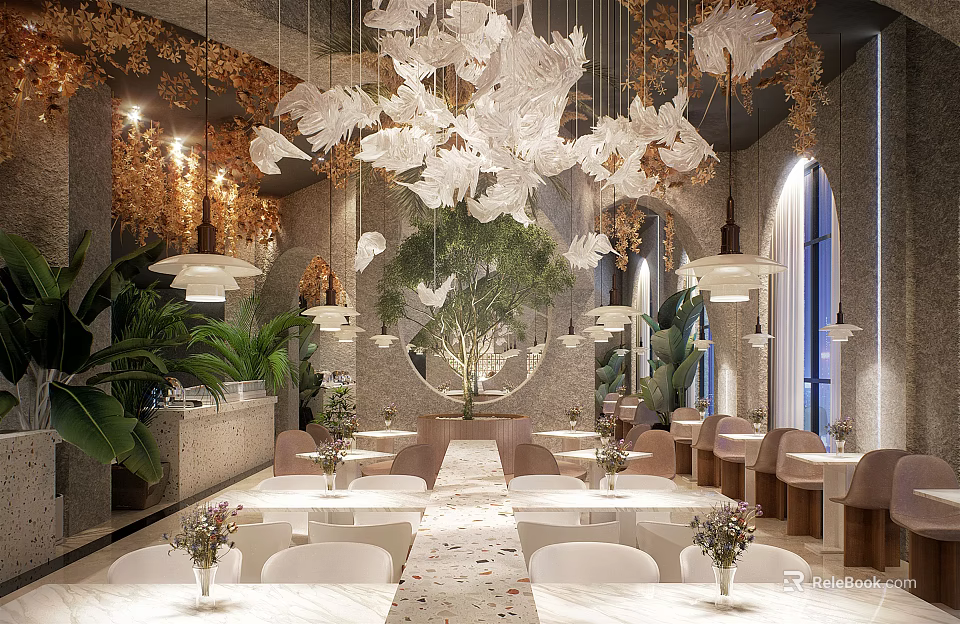 Luxurious Restaurant Interior Design With Chandeliers Green Plants Marble Dining Tables Arched Windows Leather Seats 3d model 