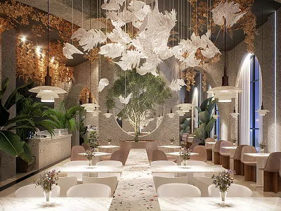 Luxurious Restaurant Interior Design With Chandeliers Green Plants Marble Dining Tables Arched Windows Leather Seats 3d model