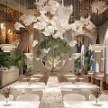 Luxurious Restaurant Interior Design With Chandeliers Green Plants Marble Dining Tables Arched Windows Leather Seats