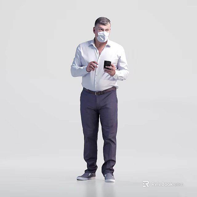 Man Wearing White Shirt And Mask With Dark Pants Using Smartphone 3d model 