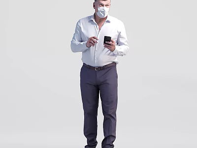 Man Wearing White Shirt And Mask With Dark Pants Using Smartphone 3d model