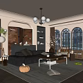 Modern Living Room With Black Sofa Wooden Coffee Table Chandelier Arched Windows Bookshelves And Plants