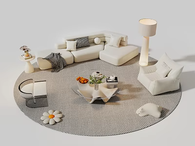 Elegant Modern Sofa Coffee Table Set With White Cushions Decorative Rug And Floor Lamp 3d model