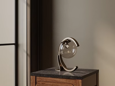 Modern Table Lamp With Metallic Stand And Transparent Spherical Lampshade On Wooden Cabinet 3d model