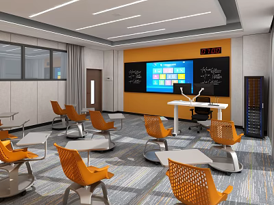 Modern School Classroom With Orange Chairs Interactive Screen And Open Layout 3d model