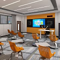 Modern School Classroom With Orange Chairs Interactive Screen And Open Layout