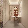 Modern Beauty Salon Interior Design With Arched Shelves Beauty Products Wooden Table Green Plant And Bench