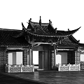 Traditional Chinese Entrance Gate With Overhanging Eaves Tiled Roof White Carved Railings and Snowflakes