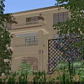 Scenic View Of Two Story Beige Building With Balcony Large Windows And Greenery