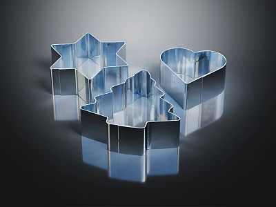 Delicate Metal Cookie Cutters with Star Heart Christmas Tree Shapes on Black Reflective Background 3d model