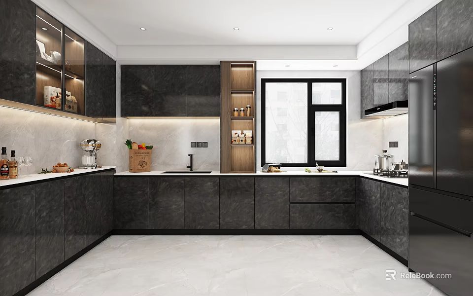 Modern Kitchen Interior With Dark Cabinets Marble Countertops And Window 3d model