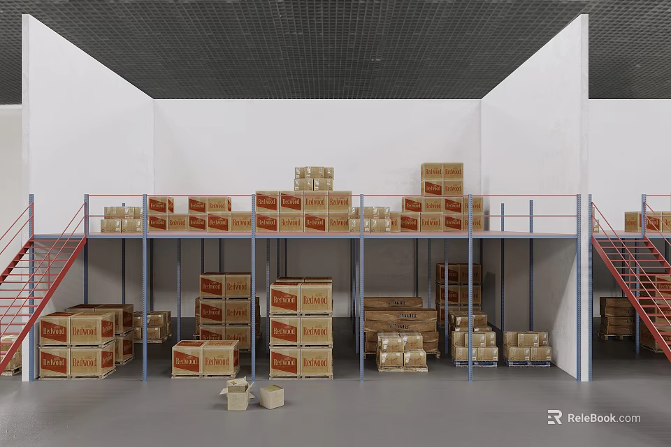 Multi Tiered Storage Shelves with Stacked Boxes in Warehouse Storage Area 3d model