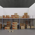 Multi Tiered Storage Shelves with Stacked Boxes in Warehouse Storage Area 3d model