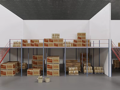 Multi Tiered Storage Shelves with Stacked Boxes in Warehouse Storage Area 3d model