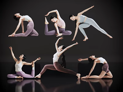 Women Practicing Various Yoga Poses In Sportswear Against Black Background On Reflective Floor 3d model