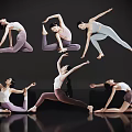 Women Practicing Various Yoga Poses In Sportswear Against Black Background On Reflective Floor