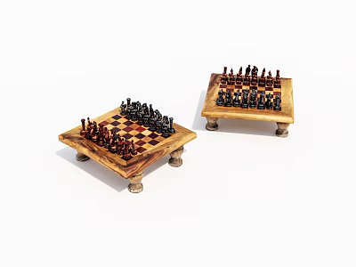Two Wooden Chess Sets with Black White Pieces and Legged Bases 3d model