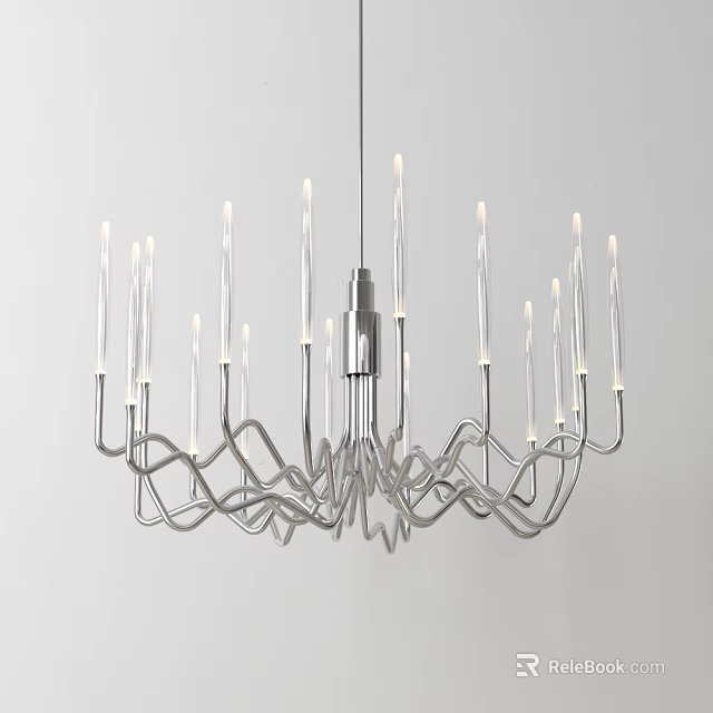 Modern Chandelier With Curved Metal Structure And Slender Light Tubes For Contemporary Interior Spaces 3d model 