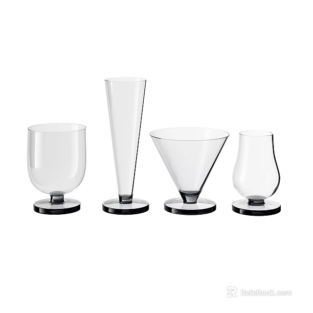 Transparent Glass Cups With Various Shapes And Black Bases On White Background 3d model 