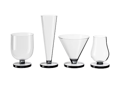 Transparent Glass Cups With Various Shapes And Black Bases On White Background 3d model